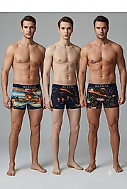 Erkek Boxer Seti 3'lü Eğlenceli Desenli Pamuklu Esnek Rahat Boxer Paket