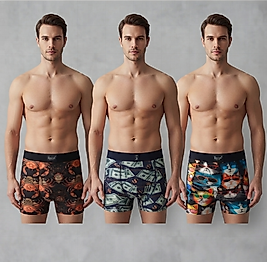 Erkek Boxer Seti 3'lü Eğlenceli Desenli Pamuklu Esnek Rahat Boxer Paket