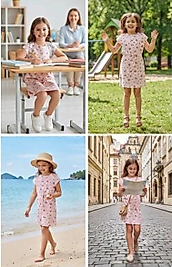 Pembe Masal Pamuklu Desenli Kız Çocuk Kısa Kollu Elbise 17008