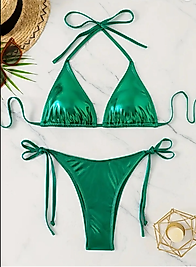 Kadınlar için Şık Yeşil Halter Bikini Takımı - Yüksek Esneklik, Arka Bağlama Tasarımı, Yan Bağlar