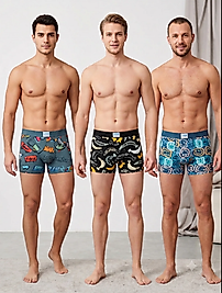 Desenli Pamuklu Erkek Boxer Şort 3'lü
