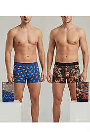 Erkek Boxer Seti 2'li Eğlenceli Desenli Pamuklu Esnek Rahat Boxer Paket